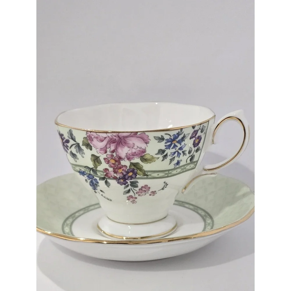 Royal Albert Hampton Bone China Cup & Saucer Set Floral Green Gold Trim